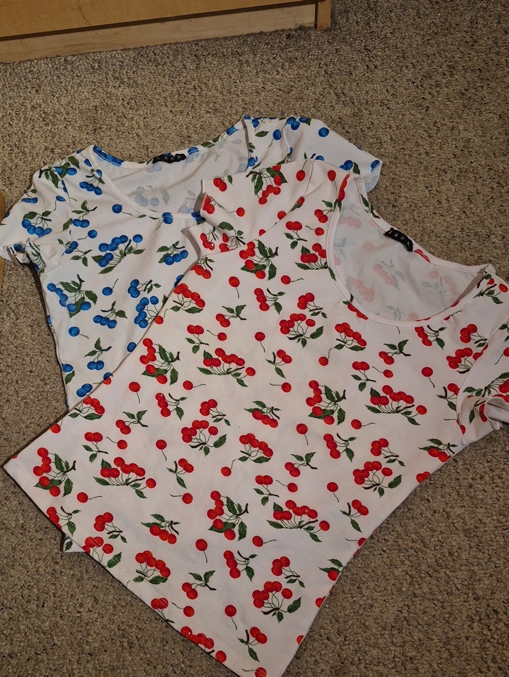 Two Vintage Cherry Print Short Sleeve Top Red / Blue